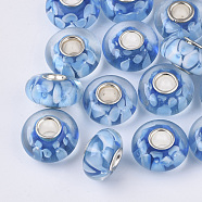 Handmade Lampwork European Beads, Inner Flower, Large Hole Beads, with Silver Color Plated Brass Single Cores, Rondelle, Dodger Blue, 14x7.5mm, Hole: 4mm(LAMP-S193-004I)