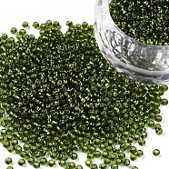 12/0 Grade A Round Glass Seed Beads, Silver Lined, Olive Drab, 12/0, 2x1.5mm, Hole: 0.3mm, about 30000pcs/bag(SEED-Q007-F55)