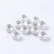 Handmade Porcelain Ceramic Spacer Beads Fit European Charm Bracelets, with Silver Color Brass Double Cores, Rondelle, White, 15x11mm, Hole: 5mm(X-OPDL-G001-16)
