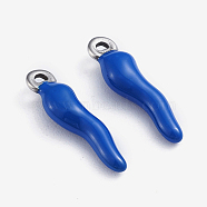 304 Stainless Steel Pendants, Enamelled Sequins, Horn of Plenty/Italian Horn Cornicello Charms, Stainless Steel Color, Blue, 17.5x4.5x3.5mm, Hole: 1mm(X-STAS-I148-02P-02)