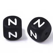 Food Grade Eco-Friendly Silicone Beads, Horizontal Hole, Chewing Beads For Teethers, DIY Nursing Necklaces Making, Cube, Black, Letter.N, 12x12x12mm, Hole: 2mm(SIL-T055-N)