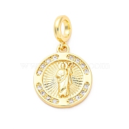 Brass Clear Cubic Zirconia European Dangle Pendants, Religion Large Hole Pendants, Real 16K Gold Plated, Flat Round, 24mm, Hole: 4.5mm, pendants: 18.5x16x2.5mm(KK-D325-28G-01)