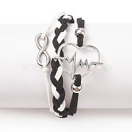 Alloy Heart Beat & 304 Stainless Steel Infinity Links Multi-strand Bracelet, Faux Suede Braided Tripel Layer Bracelet for Women, Black, 7-1/4 inch(18.3cm)(BJEW-TA00190-03)
