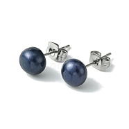 Natural Pearl Beads Ear Studs, with 304 Stainless Steel Findings, Round, Black, 16~18x5~7mm, Pin: 0.7mm(EJEW-JE02880-02)
