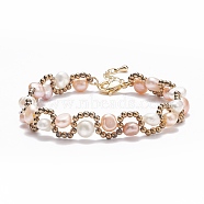 Natural Pearl & Glass Braided Beaded Bracelet, Wire Wrap Jewelry for Women, PeachPuff, 6-7/8~7-3/8 inch(17.6~18.8cm)(BJEW-JB08091-02)