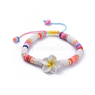 Nylon Thread Cord Braided Bead Bracelets, Handmade Polymer Clay Heishi Beads and Wood Beads, Plumeria, Colorful, 2-3/8 inch~3-1/4 inch(6.1~8.3cm)(BJEW-JB05092-04)