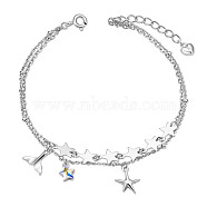 SHEGRACE Rhodium Plated 925 Sterling Silver Multi-Strand Bracelets, with Czech Rhinestone and Cable Chains, Star & Starfish/Sea Stars & Whale Tail Shape, Platinum, 6-1/2 inch(16.5cm)(JB552A)