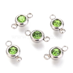 304 Stainless Steel Rhinestone Links Connectors, Flat Round, Stainless Steel Color, Peridot, 12x6.5x4mm, Hole: 2mm(STAS-P237-17P-10)