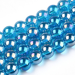 Electroplate Transparent Glass Beads Strands, AB Color Plated, Round, Deep Sky Blue, 9.5~10mm, Hole: 1.5mm, about 40~42pcs/strand, 14.76~15.12 inch(37.5~38.4cm)(GLAA-T032-T10mm-AB06)