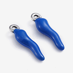 304 Stainless Steel Pendants, Enamelled Sequins, Horn of Plenty/Italian Horn Cornicello Charms, Stainless Steel Color, Blue, 17.5x4.5x3.5mm, Hole: 1mm(X-STAS-I148-02P-02)