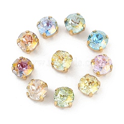 Brass Glass Rhinestone Sew on Rhinestones, Flat Round, Faceted, Mixed Color, Golden, 8x8x7mm, Hole: 0.8mm(RGLA-U001-03G-02)