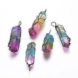 Electroplate Natural Quartz Crystal Big Wire Wrapped Pendants, with Brass Findings, Bullet, Red Copper, Colorful, 45~77x12~22x10~20mm, Hole: 4~7mm(G-L520-B03-R)