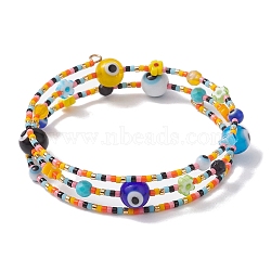 Evil Eye Lampwork & Glass Seed Bead Wrap Bracelet with Steel Wire, Colorful, Inner Diameter: 2-1/8 inch(5.3cm)(BJEW-MZ00052)