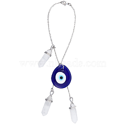 Teardrop with Evil Eye Glass Pendant Decorations, Bullet Natural Quartz Crystal Pendant and Brass Cable Chain Hanging Ornaments, Blue, 200mm(HJEW-AB00018)