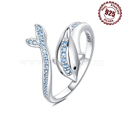 925 Sterling Silver Adjustable Open Cuff Rings, with Cubic Zirconia, Dolphin, Inner Diameter: 18mm(FS-WGD27BF-07)
