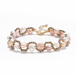 Natural Pearl & Glass Braided Beaded Bracelet, Wire Wrap Jewelry for Women, PeachPuff, 6-7/8~7-3/8 inch(17.6~18.8cm)(BJEW-JB08091-02)