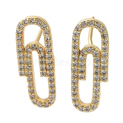 Rack Plating Brass Stud Earrings, with Clear Cubic Zirconia, Cadmium Free & Lead Free, Long-Lasting Plated, Paperclip, Real 18K Gold Plated, 19x7mm(EJEW-C102-31G)