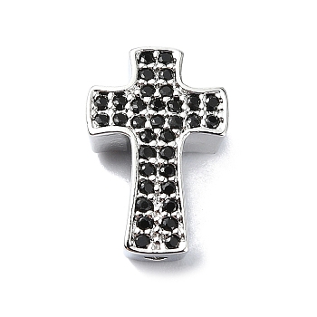 Rack Plating Brass Micro Pave Cubic Zirconia Beads, Long-Lasting Plated, Lead Free & Cadmium Free, Cross, Black, Platinum, 14x9x4mm, Hole: 1.3mm