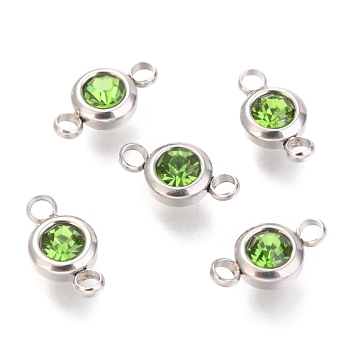 304 Stainless Steel Rhinestone Links Connectors, Flat Round, Stainless Steel Color, Peridot, 12x6.5x4mm, Hole: 2mm