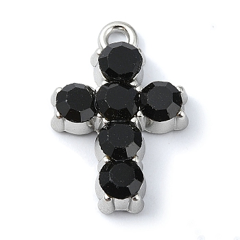 Rack Plating Alloy with Black Rhinestone Pendants, Cross, Platinum, 21x14x4mm, Hole: 1.8mm