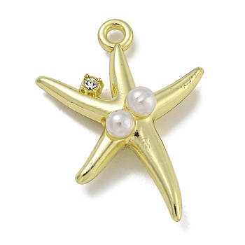 Alloy ABS Pearl Pendants, with Rhinestone, Cadmium Free & Nickel Free & Lead Free, Starfish, Golden, 26x19.5x6.5mm, Hole: 1.8mm