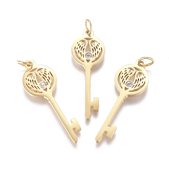 316 Surgical Stainless Steel Pendants, with Micro Pave Cubic Zirconia and Jump Ring, Long-Lasting Plated, Skeleton Key with Wing, Clear, Real 18K Gold Plated, 29x10x1.5mm, Hole: 3mm