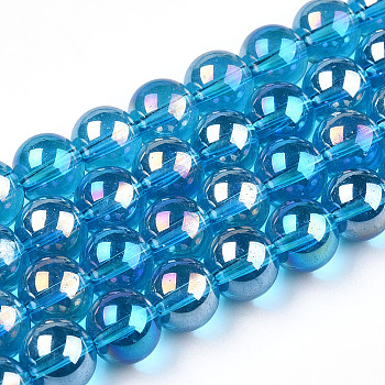 Electroplate Transparent Glass Beads Strands, AB Color Plated, Round, Deep Sky Blue, 9.5~10mm, Hole: 1.5mm, about 40~42pcs/strand, 14.76~15.12 inch(37.5~38.4cm)