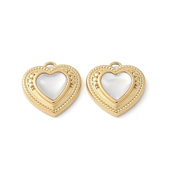 304 Stainless Steel Pendants, Heart Charms, with Shell, Ion Plating(IP), Real 18K Gold Plated, 15x15x4mm, Hole: 1.5mm