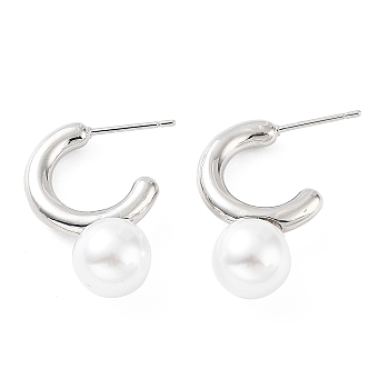 Rack Plating Brass Stud Earrings for Women, with Plastic Pearl, Long-Lasting Plated, Lead Free & Cadmium Free, Platinum, 25x10mm