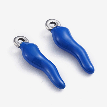 304 Stainless Steel Pendants, Enamelled Sequins, Horn of Plenty/Italian Horn Cornicello Charms, Stainless Steel Color, Blue, 17.5x4.5x3.5mm, Hole: 1mm