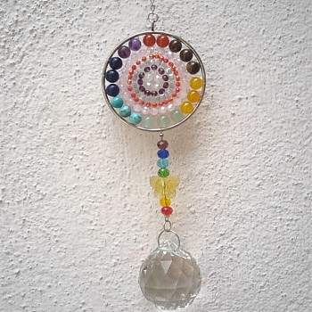 Glass Teardrop Pendant Decoration, Wind Chime, with Natural Gemstone Mandala Charm for Home Christmas Tree Decoration, 400mm