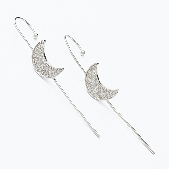 Brass Micro Pave Clear Cubic Zirconia Ear Wrap Crawler Hook Earrings, Moon, Platinum, 55x9.5mm, Pin: 1mm
