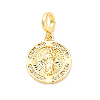 Brass Clear Cubic Zirconia European Dangle Pendants, Religion Large Hole Pendants, Real 16K Gold Plated, Flat Round, 24mm, Hole: 4.5mm, pendants: 18.5x16x2.5mm