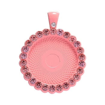 Baking Painted Alloy Pendant Cabochon Settings, Plain Edge Bezel Cups, with Rhinestone, Flat Round, Pink, Tray: 25mm, 43x34x3.5mm, Hole: 3.5x5.5mm