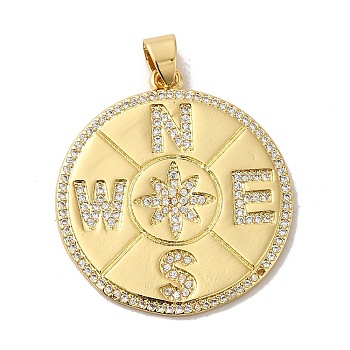 Rack Plating Brass Micro Pave Cubic Zirconia Pendants, Cadmium Free & Lead Free, Real 18K Gold Plated, Long-Lasting Plated, Compass, Clear, 33x30x1.5mm, Hole: 4x5mm
