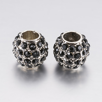 Alloy Rhinestone European Beads, Large Hole Beads, Rondelle, Platinum, Black, 10.5x9.5mm, Hole: 5mm