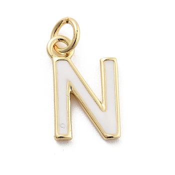 Rack Plating Brass Pendants, with Enamel and Jump Ring, Cadmium Free & Lead Free, Long-Lasting Plated, Real 18K Gold Plated, Letter, Letter N, 11.5x7.5x1mm, Hole: 2.5mm