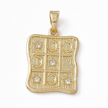 Rack Plating Brass Cubic Zirconia Pendants, Tic Tac Toe Charm, Iregular Rectangle with Sun & Moon Charm, Long-Lasting Plated, Lead Free & Cadmium Free, Real 18K Gold Plated, 27x20.5x2mm, Hole: 7x3mm