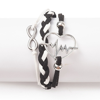 Alloy Heart Beat & 304 Stainless Steel Infinity Links Multi-strand Bracelet, Faux Suede Braided Tripel Layer Bracelet for Women, Black, 7-1/4 inch(18.3cm)
