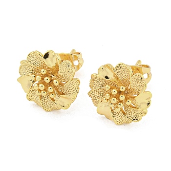 Brass Ear Studs, Flower, Real 18K Gold Plated, 12mm