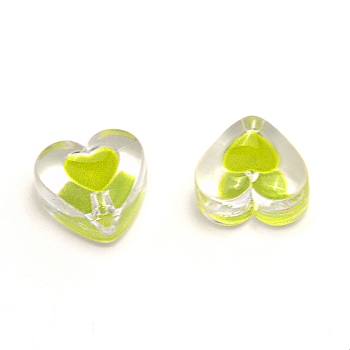 Transparent Clear Enamel Acrylic Beads, Heart, Yellow Green, 15x17x11mm, Hole: 2mm