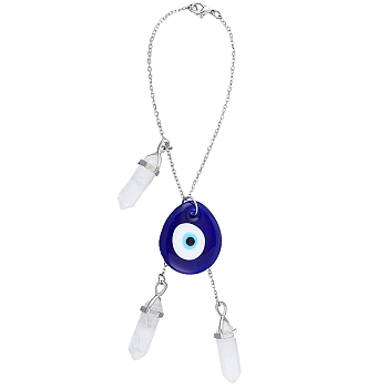 Teardrop with Evil Eye Glass Pendant Decorations, Bullet Natural Quartz Crystal Pendant and Brass Cable Chain Hanging Ornaments, Blue, 200mm