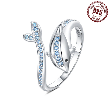 925 Sterling Silver Adjustable Open Cuff Rings, with Cubic Zirconia, Dolphin, Inner Diameter: 18mm