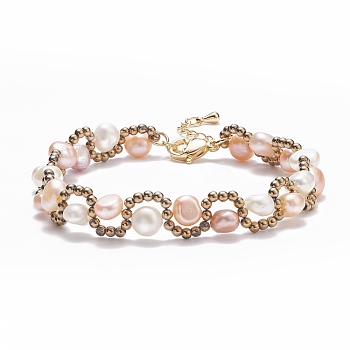 Natural Pearl & Glass Braided Beaded Bracelet, Wire Wrap Jewelry for Women, PeachPuff, 6-7/8~7-3/8 inch(17.6~18.8cm)