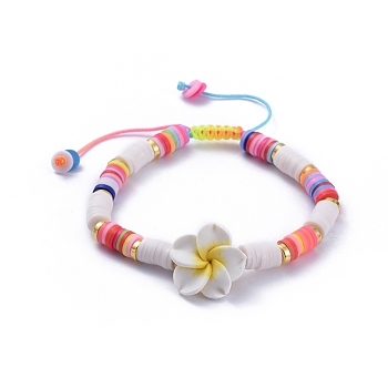 Nylon Thread Cord Braided Bead Bracelets, Handmade Polymer Clay Heishi Beads and Wood Beads, Plumeria, Colorful, 2-3/8 inch~3-1/4 inch(6.1~8.3cm)