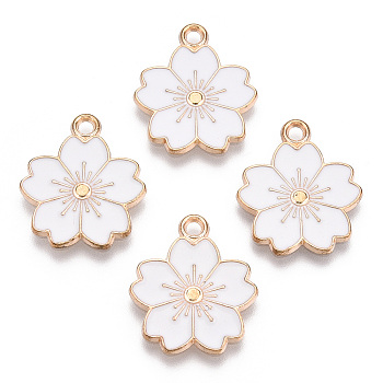 Alloy Enamel Pendants, Sakura Flower, Light Gold, White, 20.5x17.5x1.5mm, Hole: 2mm