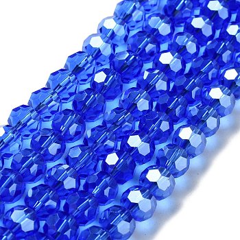 Electroplate Glass Bead Strands, Pearl Luster Plated, Faceted(32 Facets), Round, Blue, 8x7mm