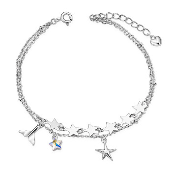 SHEGRACE Rhodium Plated 925 Sterling Silver Multi-Strand Bracelets, with Czech Rhinestone and Cable Chains, Star & Starfish/Sea Stars & Whale Tail Shape, Platinum, 6-1/2 inch(16.5cm)