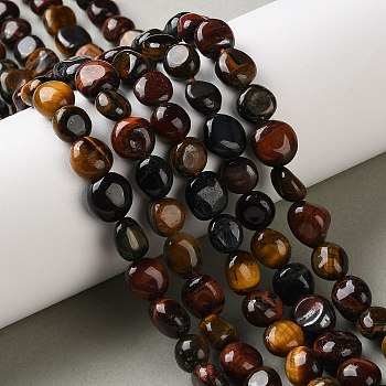 Three-Color Natural Tiger Eye Beads Strands, Nuggets, Tumbled Stone, Mixed Dyed and Undyed, Mixed Color, 7.5~13.5x7~9.5x4~7mm, Hole: 0.6~0.8mm, about 42~44pcs/strand, 15.47~15.55 inch(39.3~39.5cm)