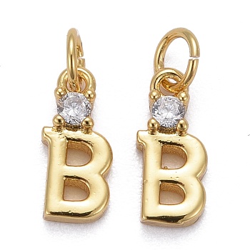 Brass Micro Pave Clear Cubic Zirconia Pendants, with Jump Rings, Real 18K Gold Plated, Long-Lasting Plated, Letter, Letter.B, 10x4x2mm